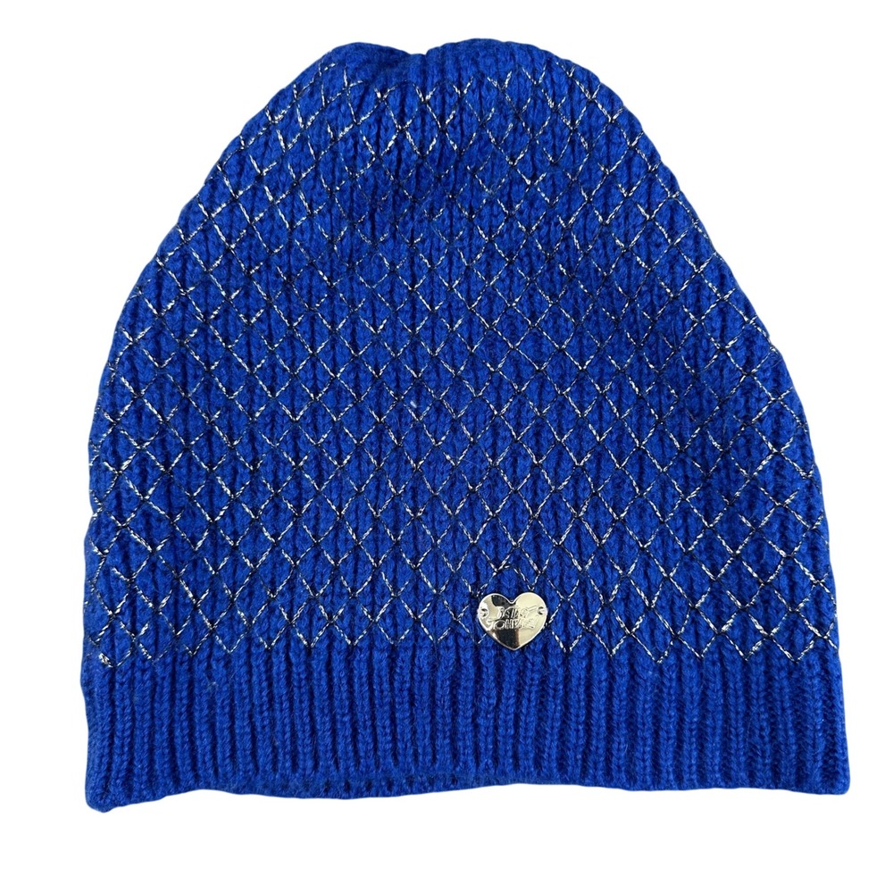 Betsey Johnson Blue Knit Beanie‎ Hat Sparkle Accents Heart Logo Winter One Size